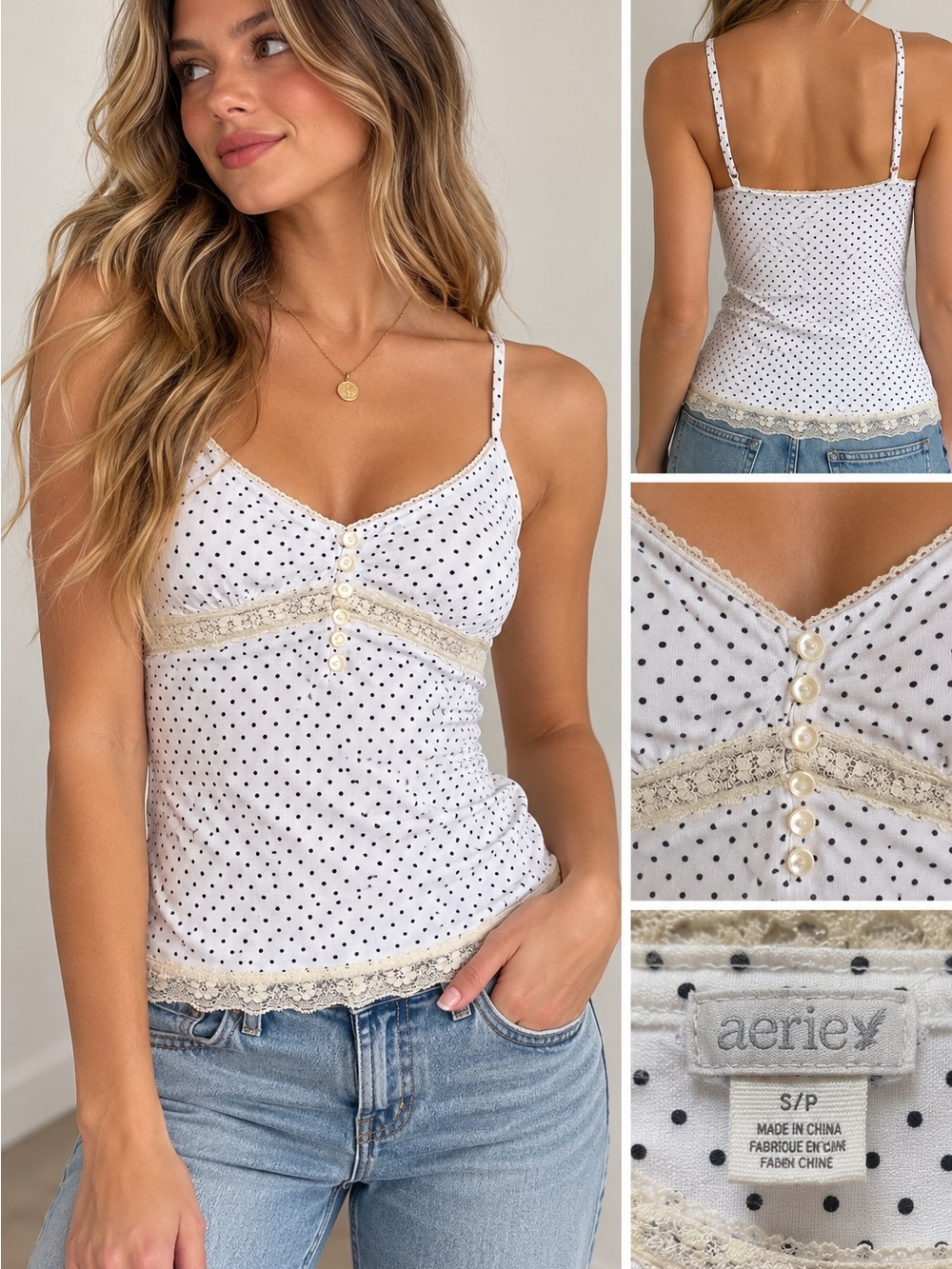 Aerie Polka Dot Cami Tank Top S White Black Lace Trim Y2K Coquette